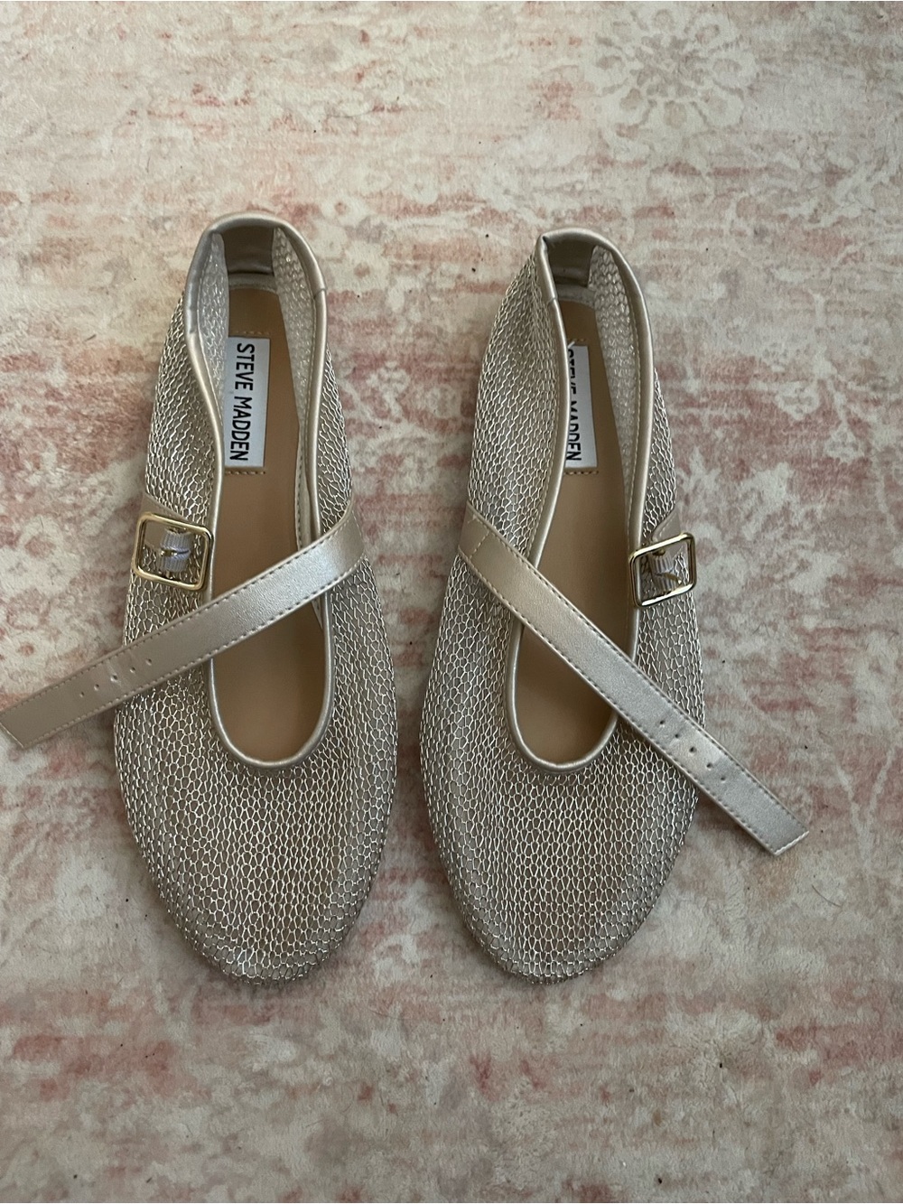 Steve Madden Metallic Gold Mesh Mary Jane Flats with Buckle Strap